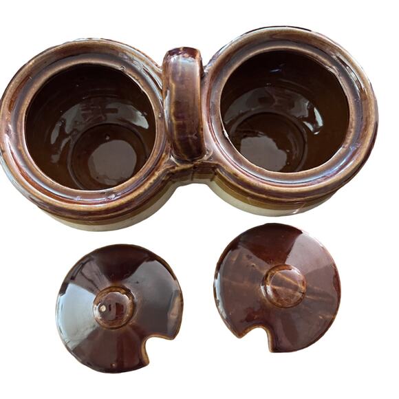Vintage Brown Drip Glaze Double Pot Condiment Serving Stoneware - Picture 4 of 4